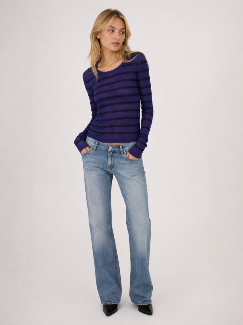 2/$30 Banana Republic Knit Cotton Long Sleeve Tee Striped Purple XS #A2293